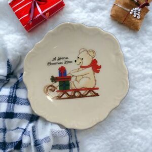 Papél Japan Bear on Sled Christmas Ornament Ceramic Vintage 4" Multicolor Plate